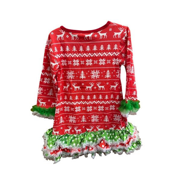 Girls Christmas Ruffle Long-Sleeve Dress With Festive Tree Patchwork & Polka Dot - Picture 5 of 5